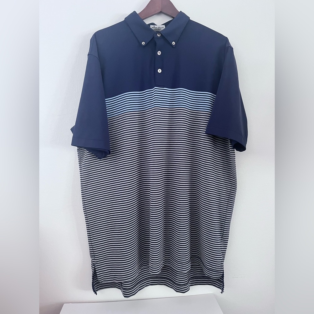 Peter Millar Summer Comfort Shirt Polo Performance Shirt Blue Gray Stripes XL